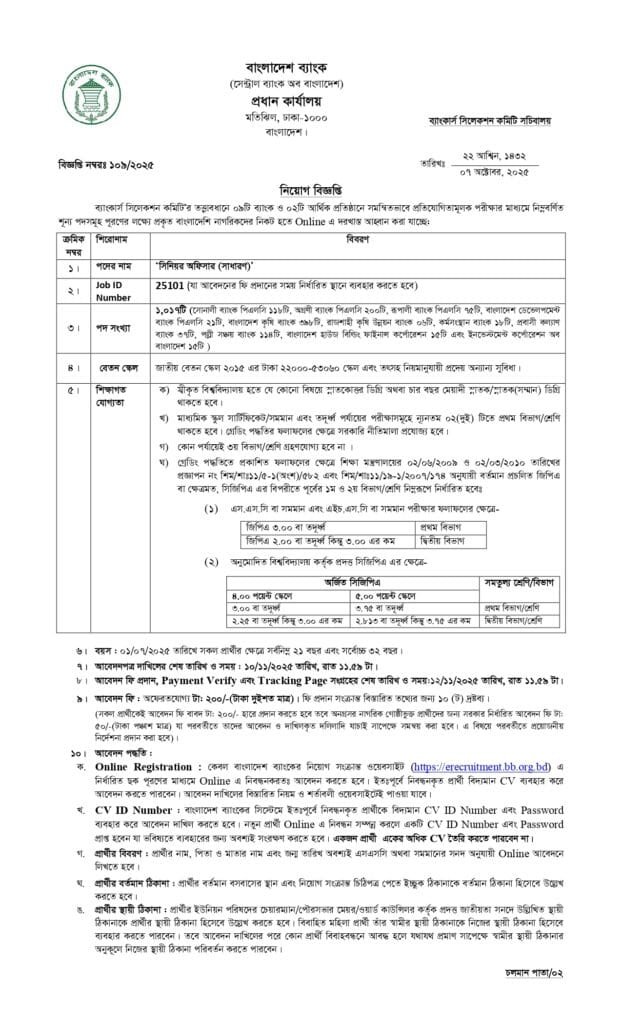Bangladesh Bank Job Circular 2025- 1,017 Senior Officer Post